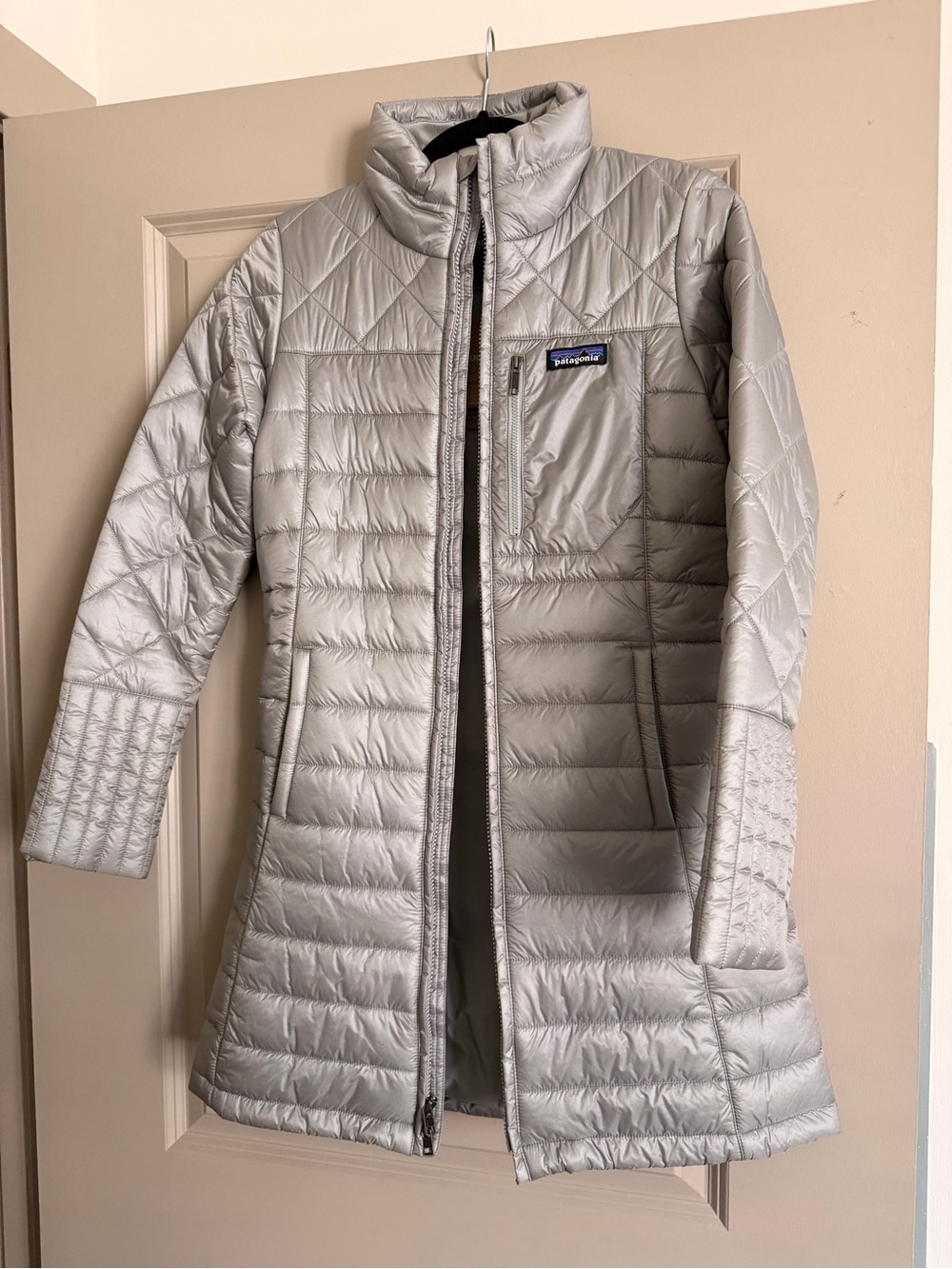 Patagonia Women’s Silver Quilted Long Puffer Coat